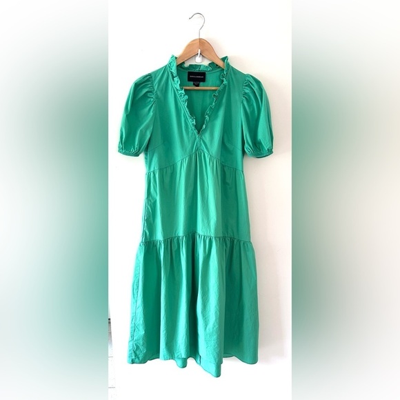 DONNA MORGAN Green Puff Sleeve Boho Midi Dress with Ruffles XS-S - Picture 2 of 8